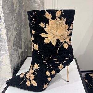 Elegant Black and Gold Floral Ankle Boots